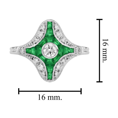 Diamond &amp; Green Emerald Fancy Cut Art Deco Style Unique White Gold Ring