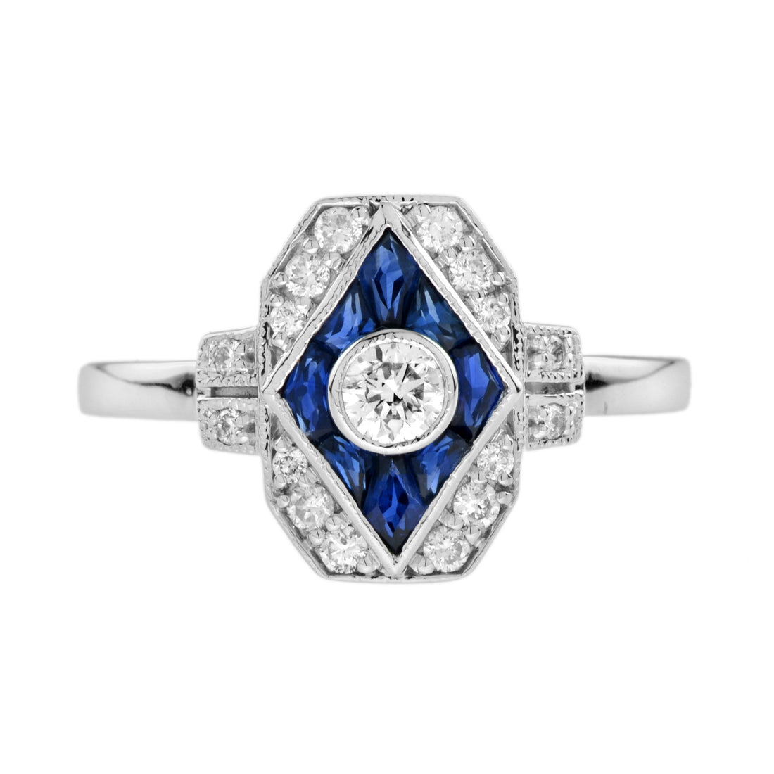 Diamond & Blue Sapphire Art Deco Inspired Style Engagement 14K White Gold Ring