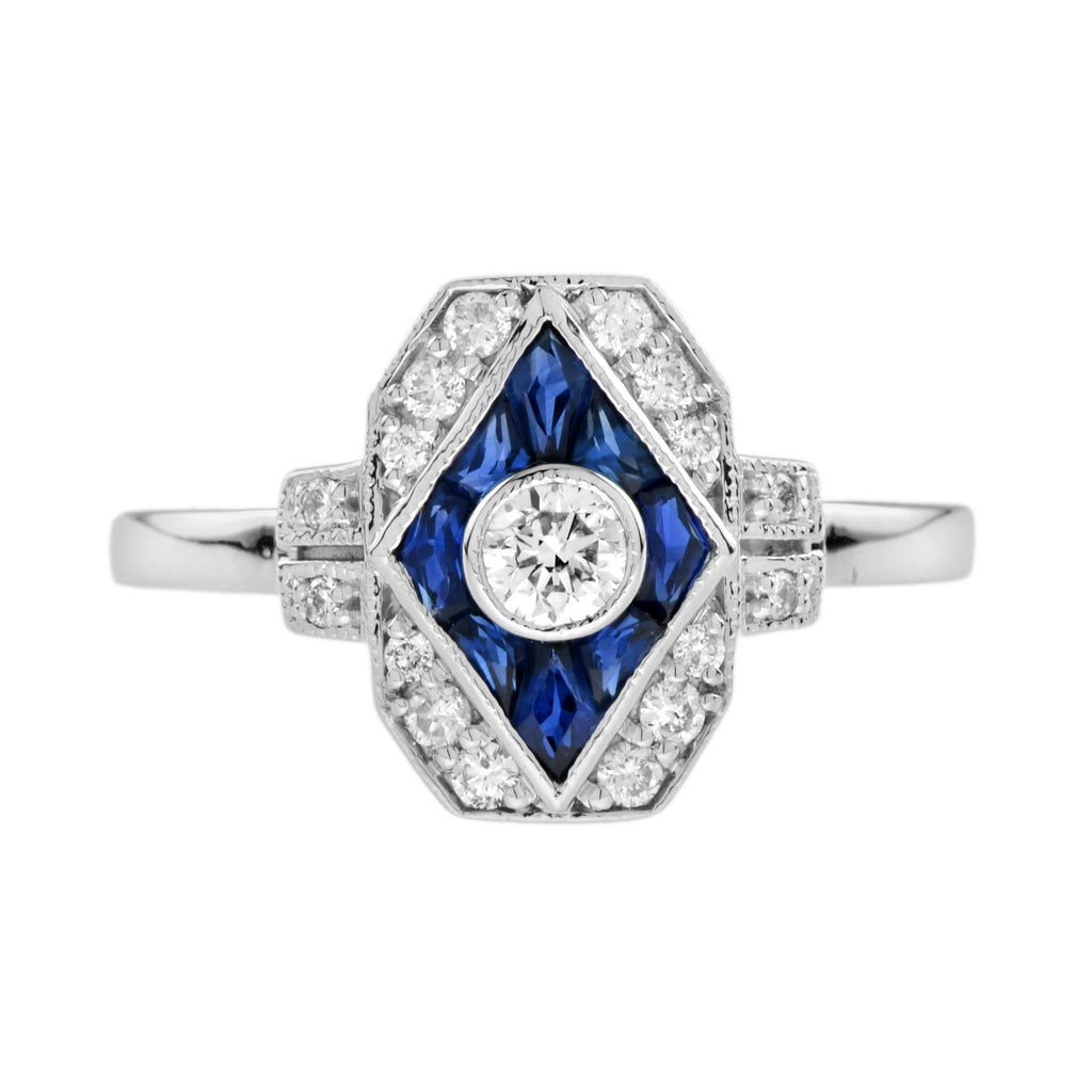 Diamond & Blue Sapphire Art Deco Inspired Style Engagement 14K White Gold Ring