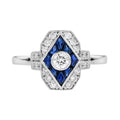 Diamond & Blue Sapphire Art Deco Inspired Style Engagement 14K White Gold Ring