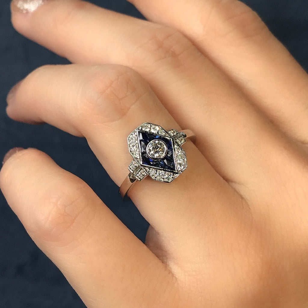 Diamond & Blue Sapphire Art Deco Inspired Style Engagement 14K White Gold Ring