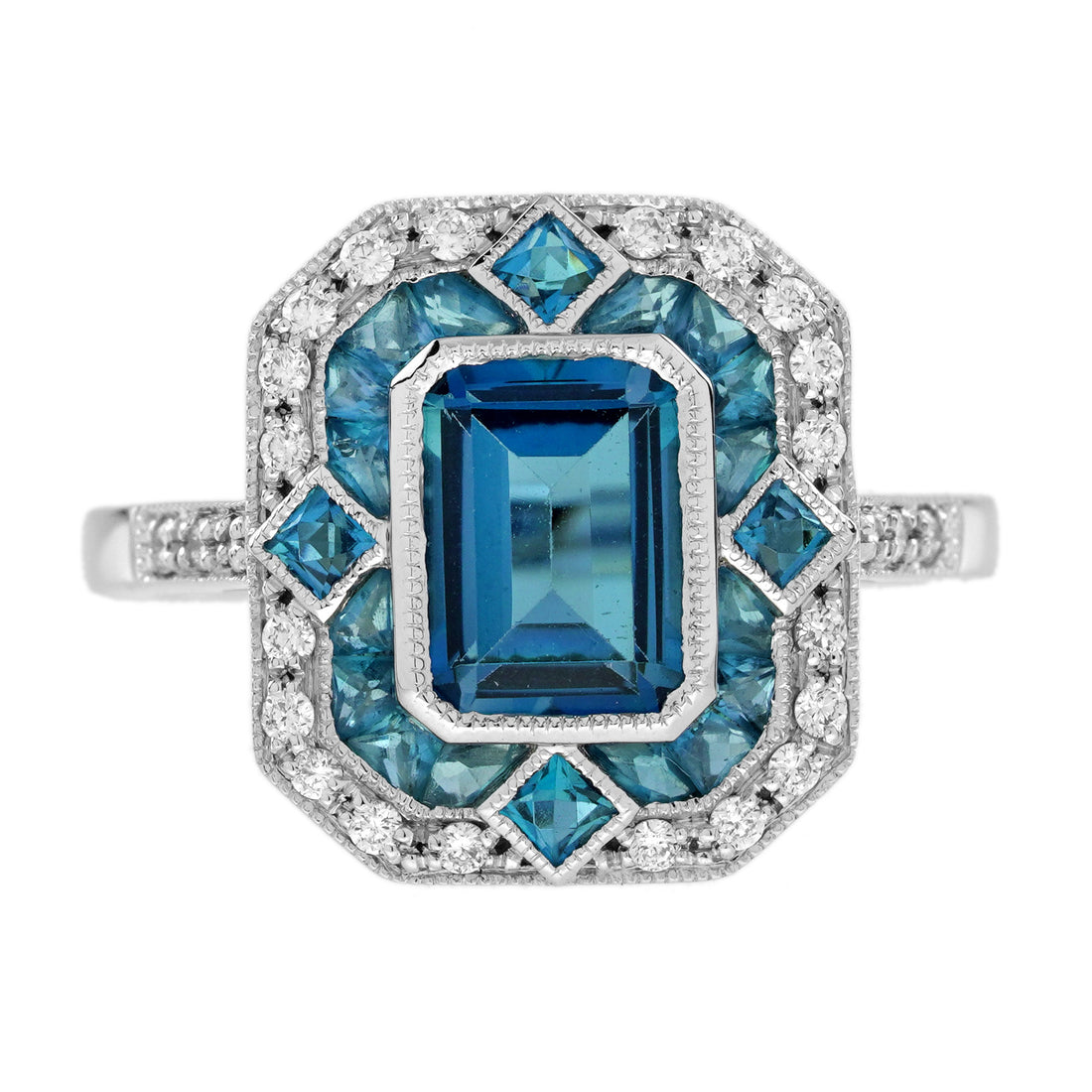 London Blue Topaz & Diamond Halo Vintage Inspired Art Deco Style White Gold Ring