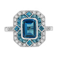 London Blue Topaz & Diamond Halo Vintage Inspired Art Deco Style White Gold Ring