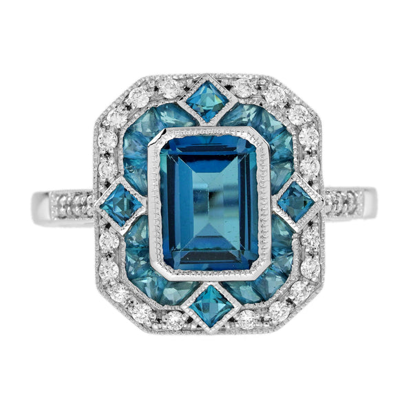 3.25 Ctw Art Deco Style London Blue Topaz & Diamond 14K White Gold Ring