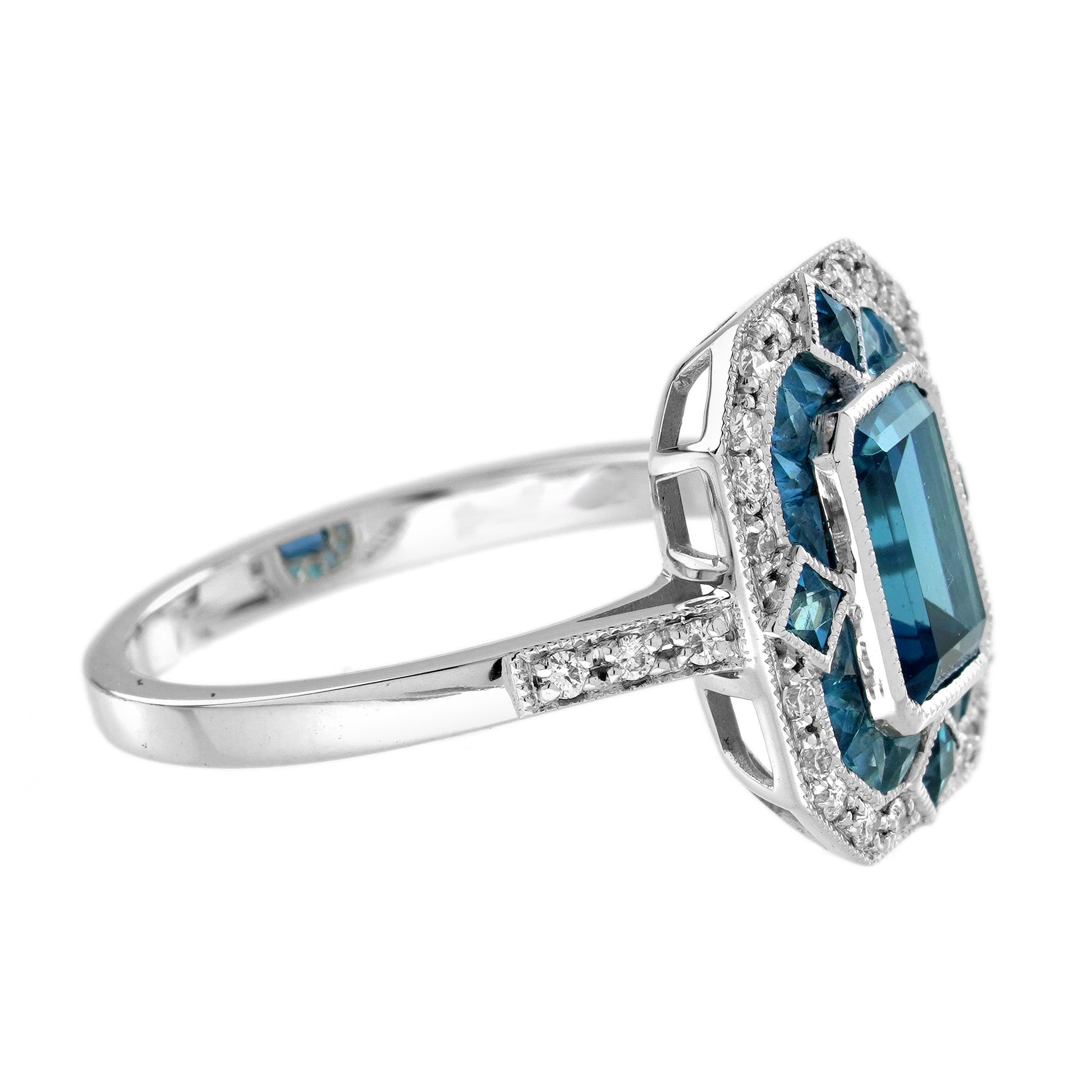 London Blue Topaz & Diamond Halo Vintage Inspired Art Deco Style White Gold Ring