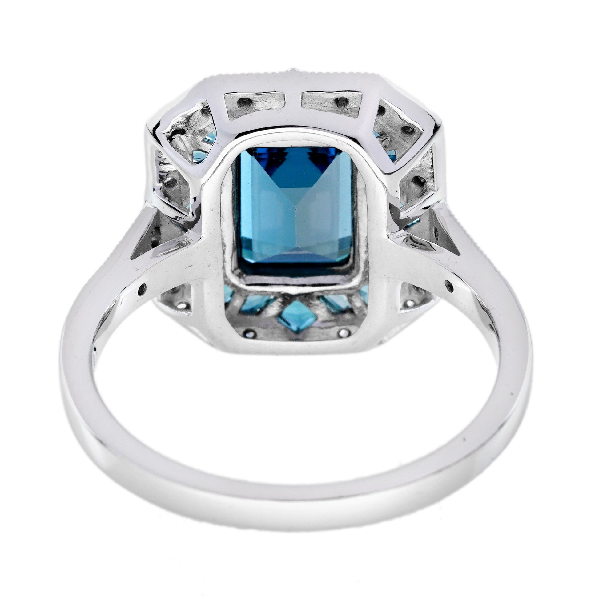 London Blue Topaz & Diamond Halo Vintage Inspired Art Deco Style White Gold Ring