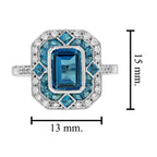 London Blue Topaz & Diamond Halo Vintage Inspired Art Deco Style White Gold Ring