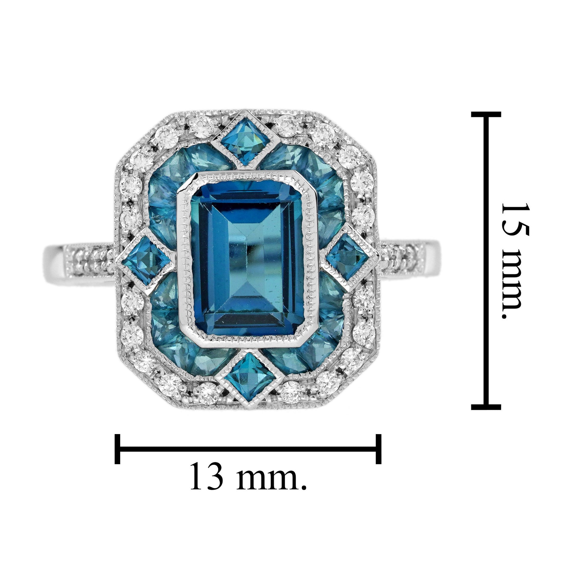 London Blue Topaz & Diamond Halo Vintage Inspired Art Deco Style White Gold Ring