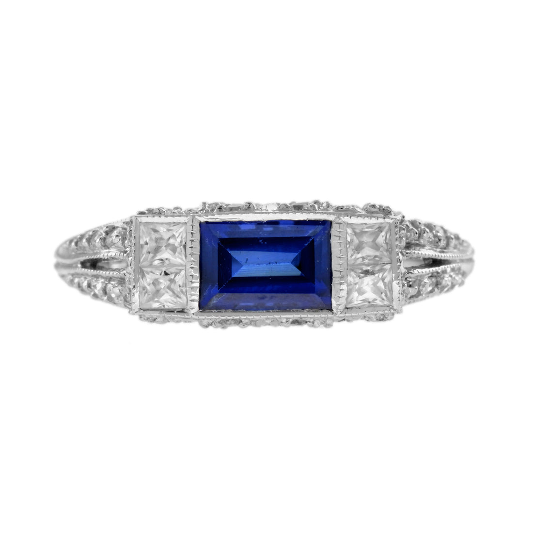 Baguette Blue Sapphire & Diamond Art Deco Style Solitaire 14K White Gold Ring