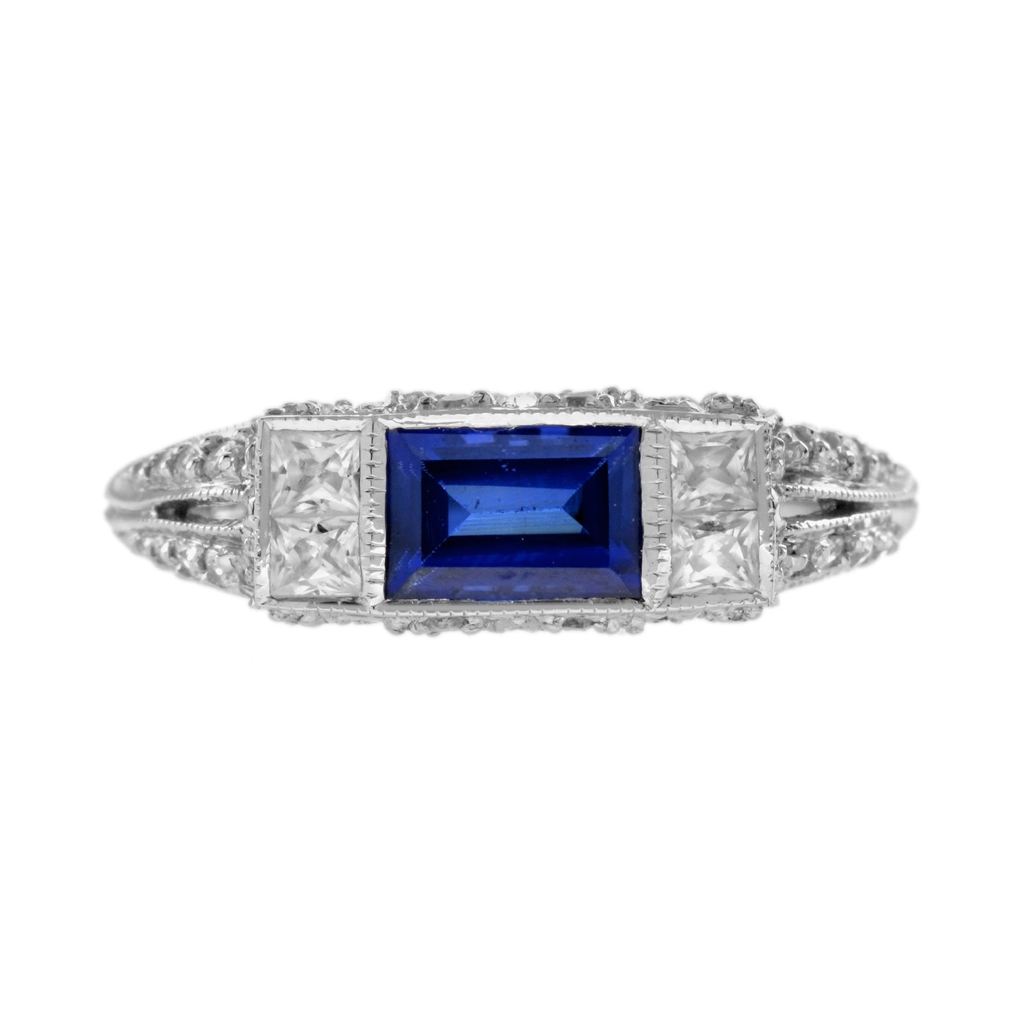 Baguette Blue Sapphire &amp; Diamond Art Deco Style Solitaire 14K White Gold Ring