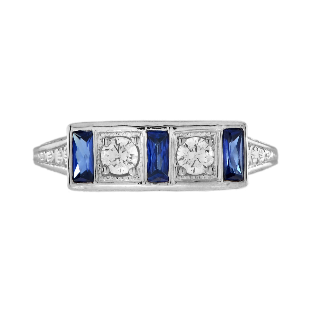 Diamond & Blue Sapphire Antique Style 14K White Gold Ring
