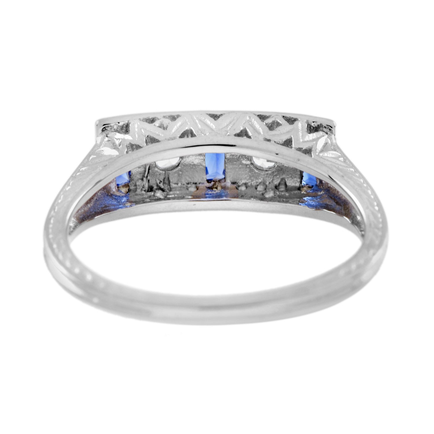 Diamond &amp; Blue Sapphire Antique Style 14K White Gold Ring