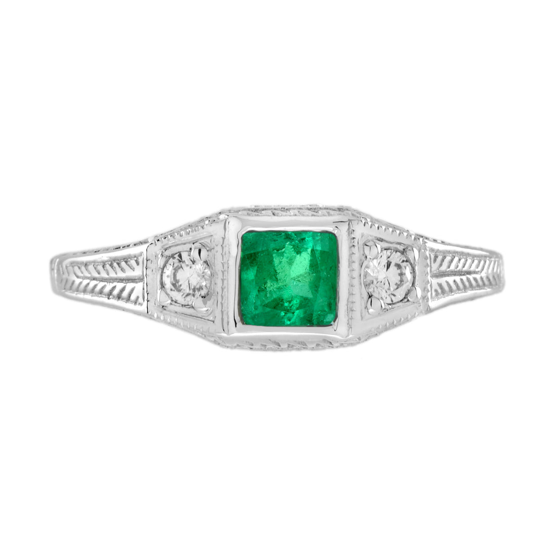 Square Emerald & Diamond Antique Style Three Stone 14K White Gold Ring