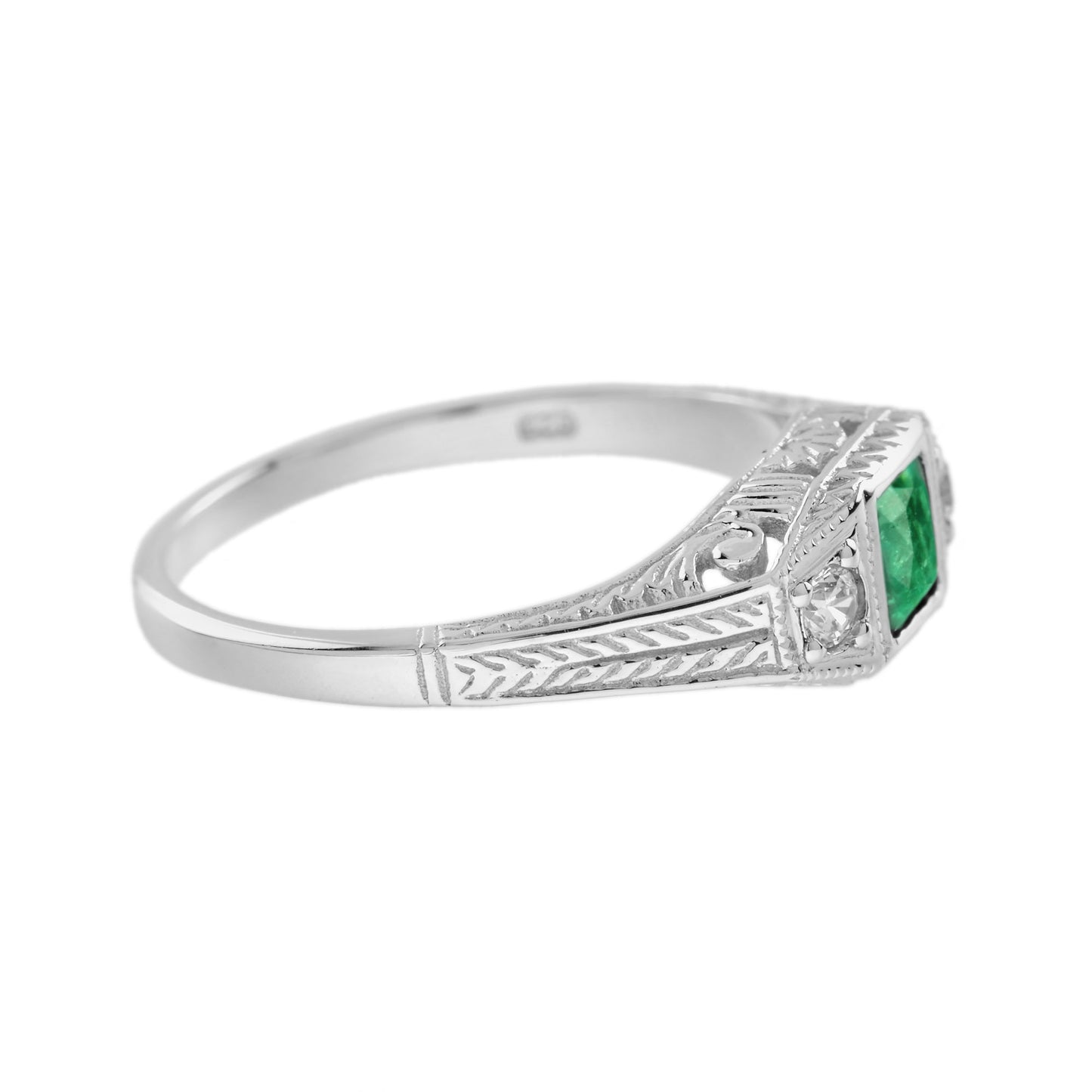 square emerald & diamond antique style three stone 14k white gold ring