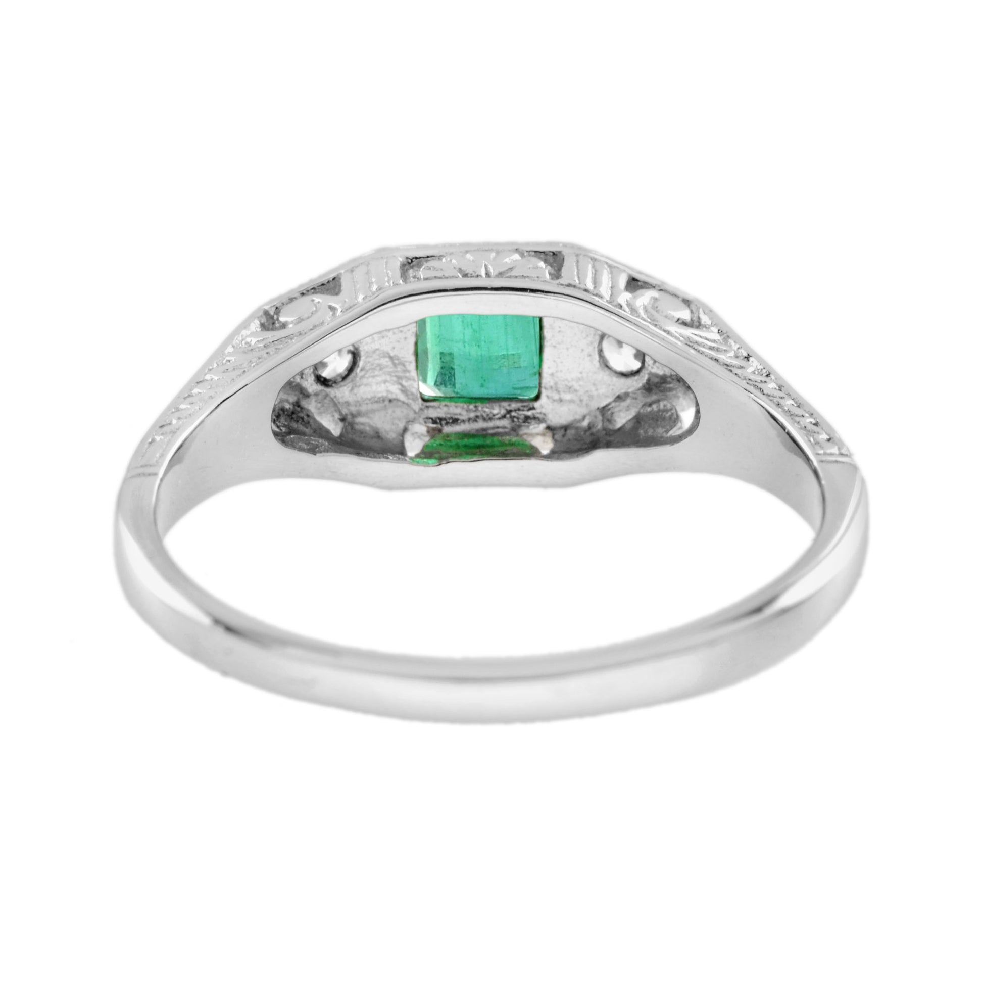Square Emerald & Diamond Antique Style Three Stone 14K White Gold Ring