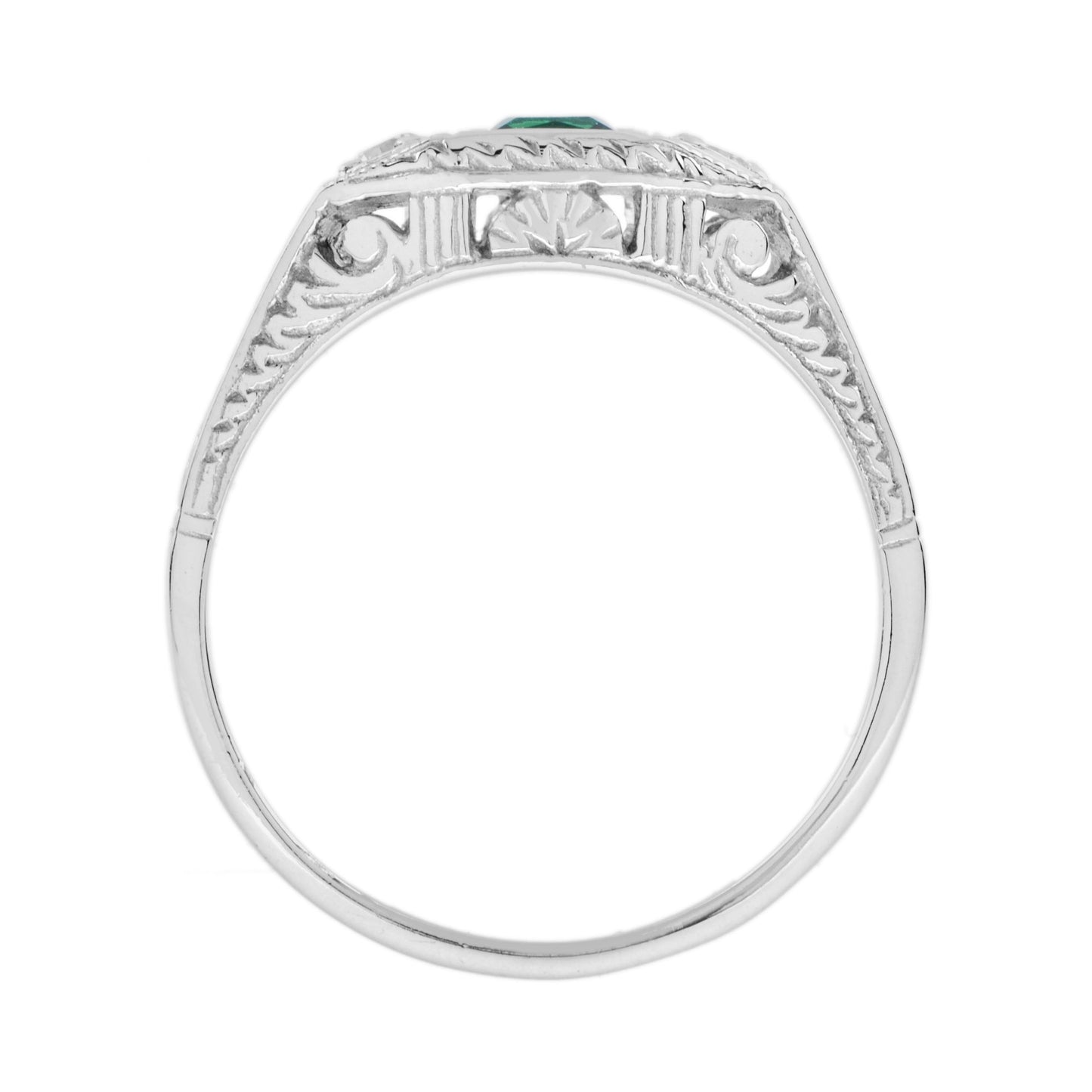 square emerald & diamond antique style three stone 14k white gold ring