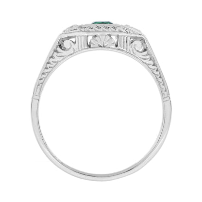 Square Emerald & Diamond Antique Style Three Stone 14K White Gold Ring
