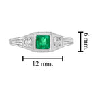 Square Emerald & Diamond Antique Style Three Stone 14K White Gold Ring