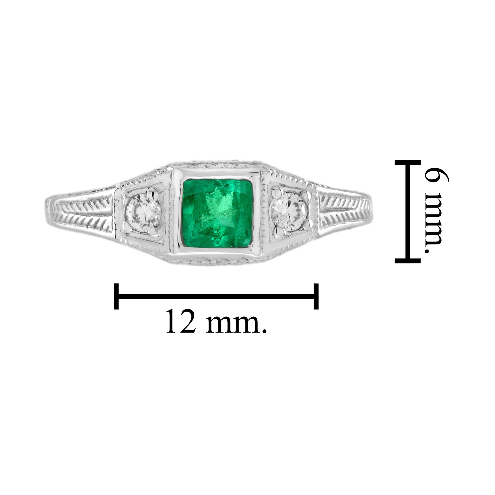 Square Emerald & Diamond Antique Style Three Stone 14K White Gold Ring