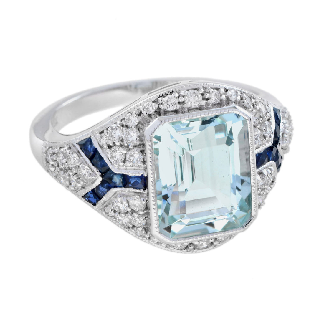 Blue Aquamarine Blue Sapphire Diamond Art Deco Style Engagement White Gold Ring