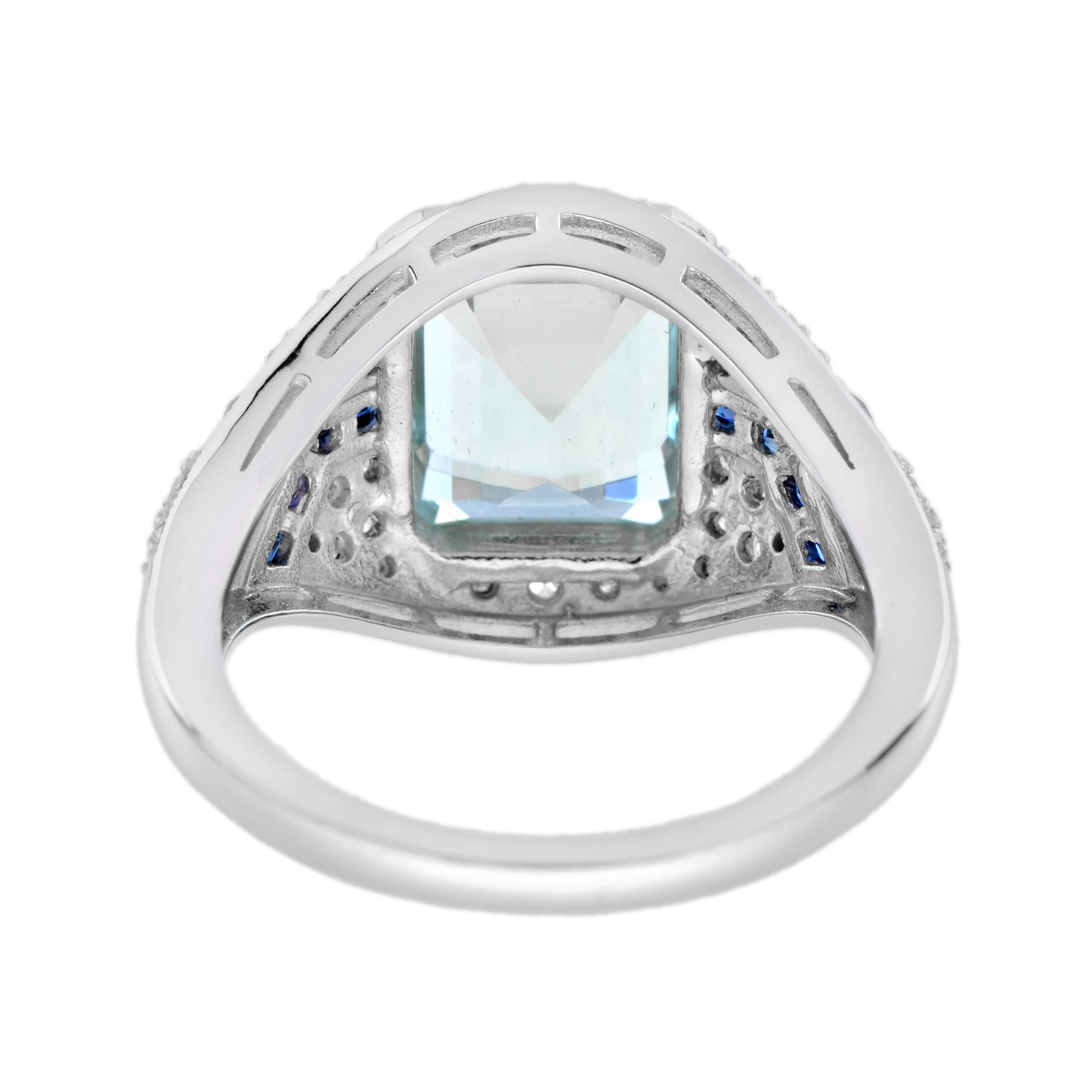 Blue Aquamarine Blue Sapphire Diamond Art Deco Style Engagement White Gold Ring