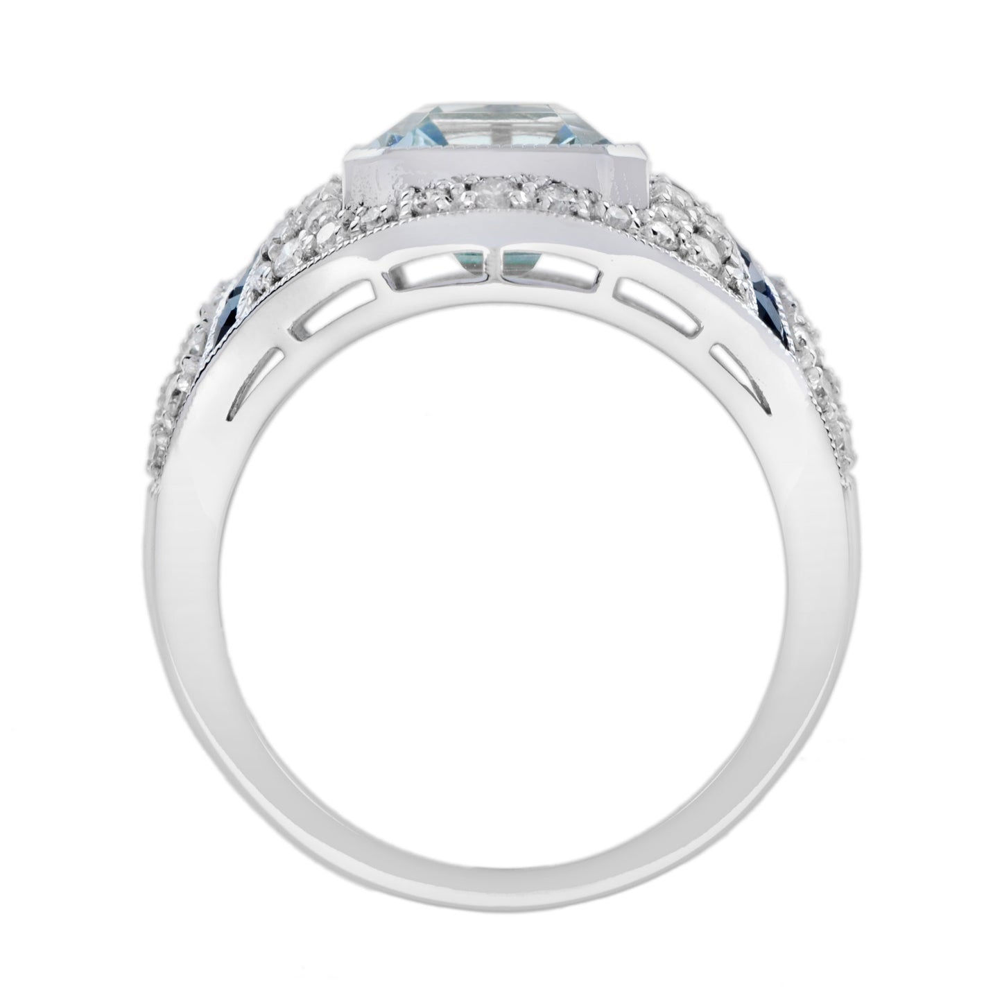 blue aquamarine blue sapphire diamond art deco style engagement white gold ring