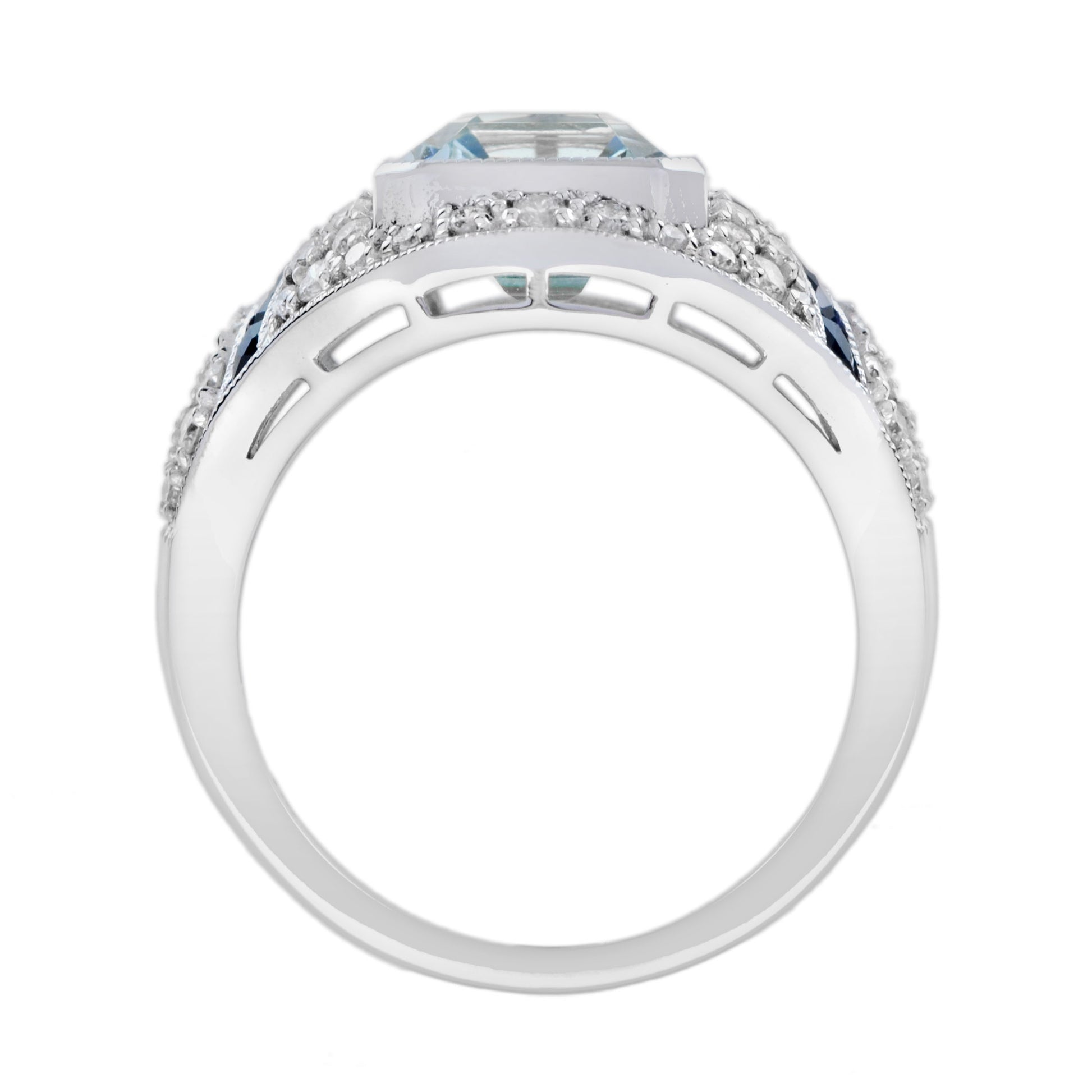 Blue Aquamarine Blue Sapphire Diamond Art Deco Style Engagement White Gold Ring
