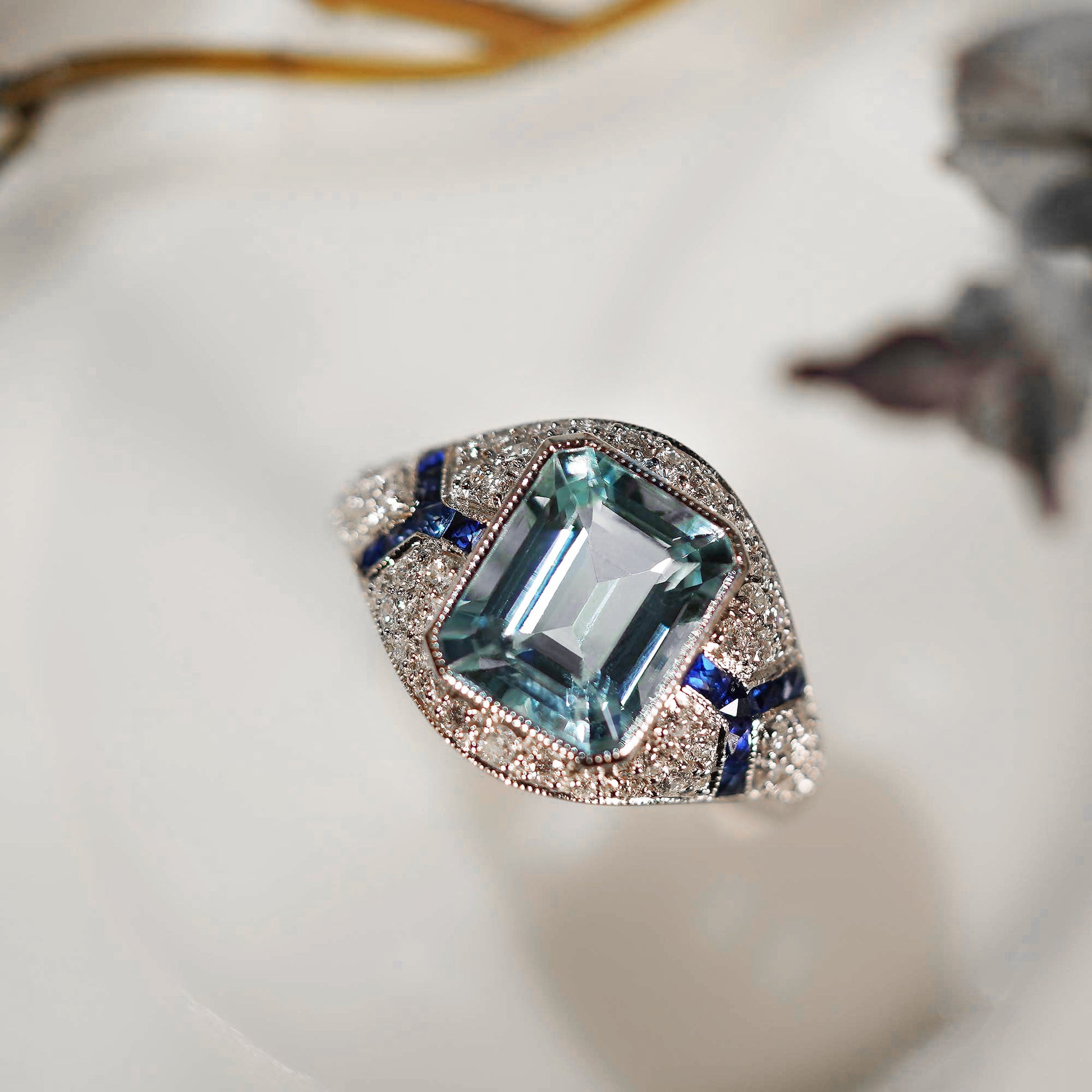 Blue Aquamarine Blue Sapphire Diamond Art Deco Style Engagement White Gold Ring