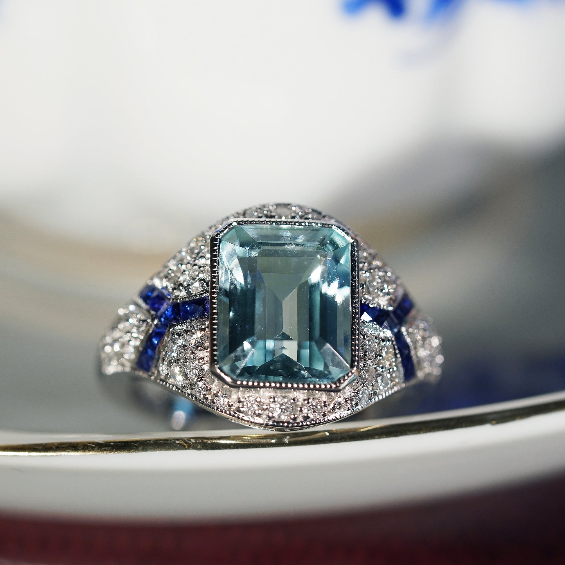 Blue Aquamarine Blue Sapphire Diamond Art Deco Style Engagement White Gold Ring