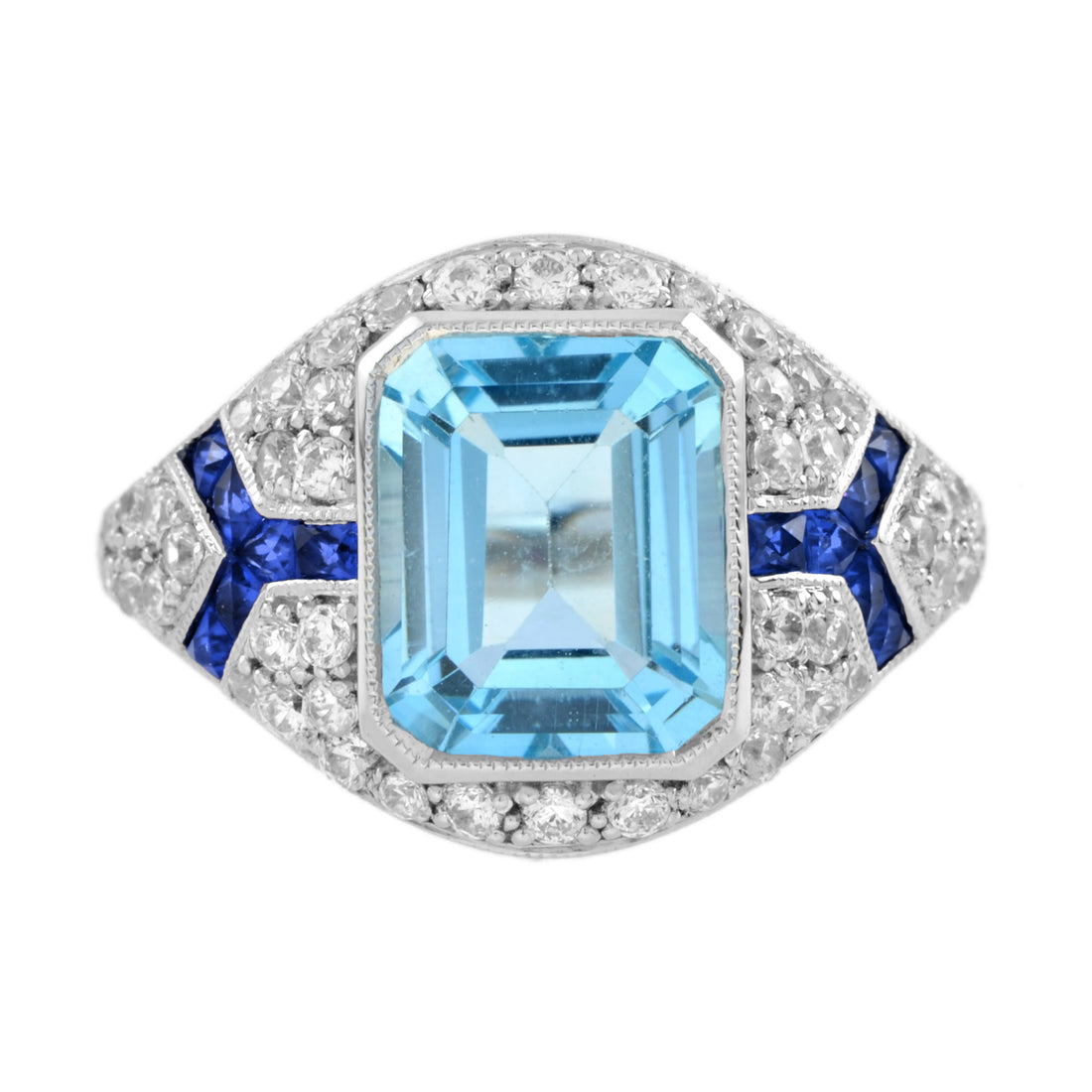 Octagon Cut Blue Topaz & Diamond Sapphire Art Deco Style 14K White Gold Ring