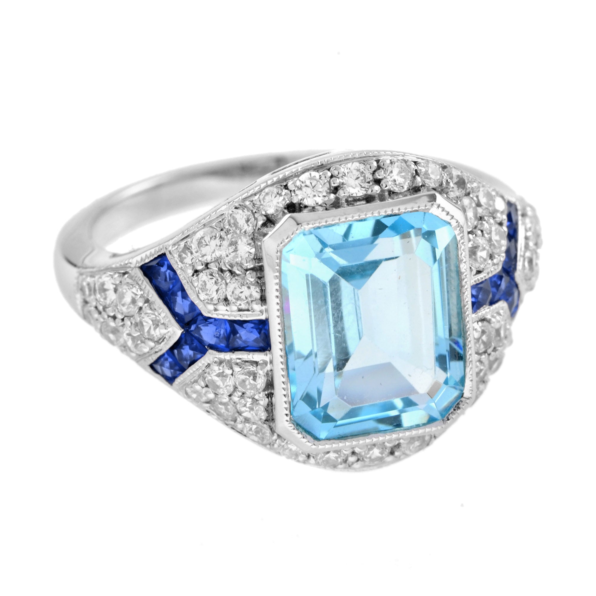 Octagon Cut Blue Topaz &amp; Diamond Sapphire Art Deco Style 14K White Gold Ring