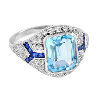 Octagon Cut Blue Topaz &amp; Diamond Sapphire Art Deco Style 14K White Gold Ring