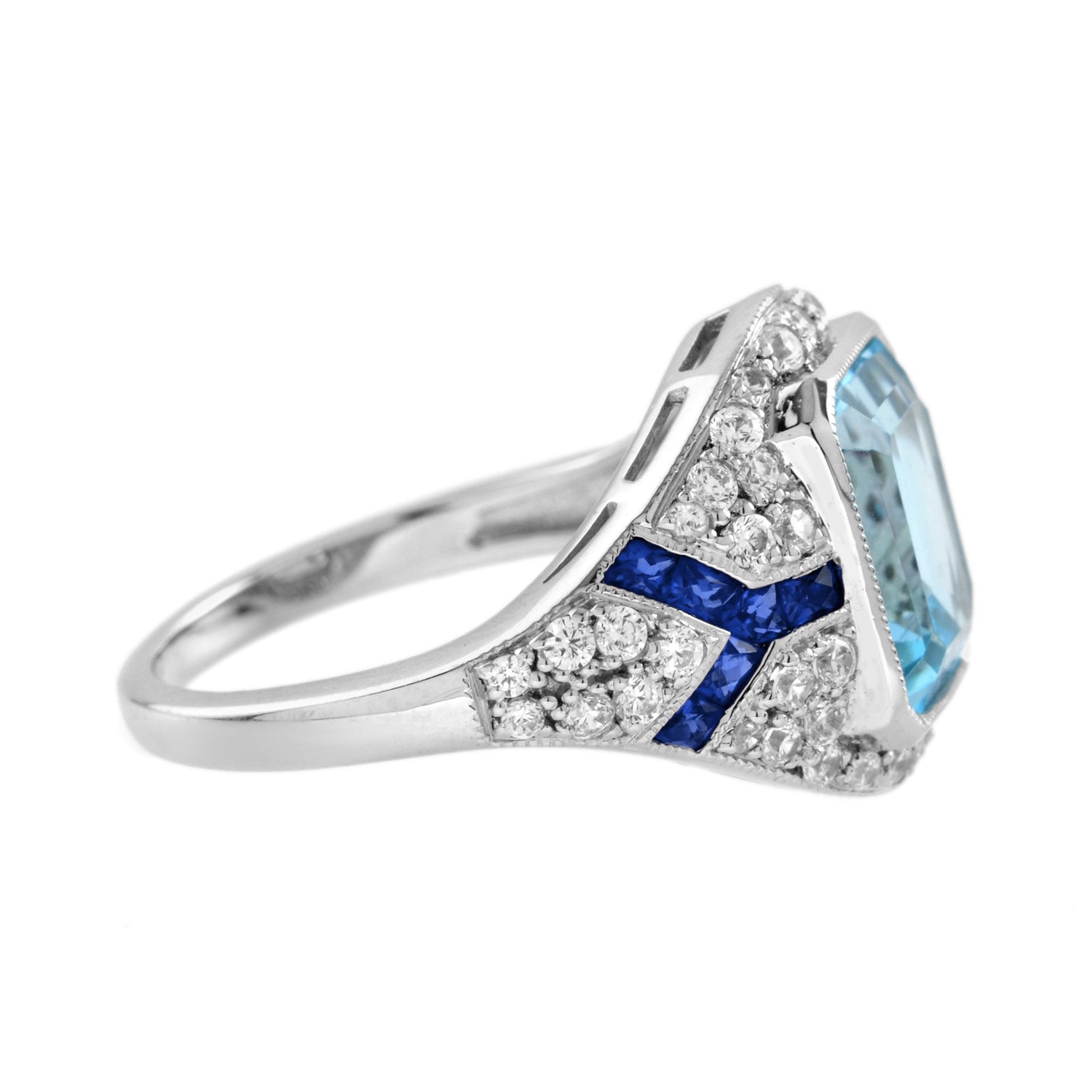 Octagon Cut Blue Topaz &amp; Diamond Sapphire Art Deco Style 14K White Gold Ring
