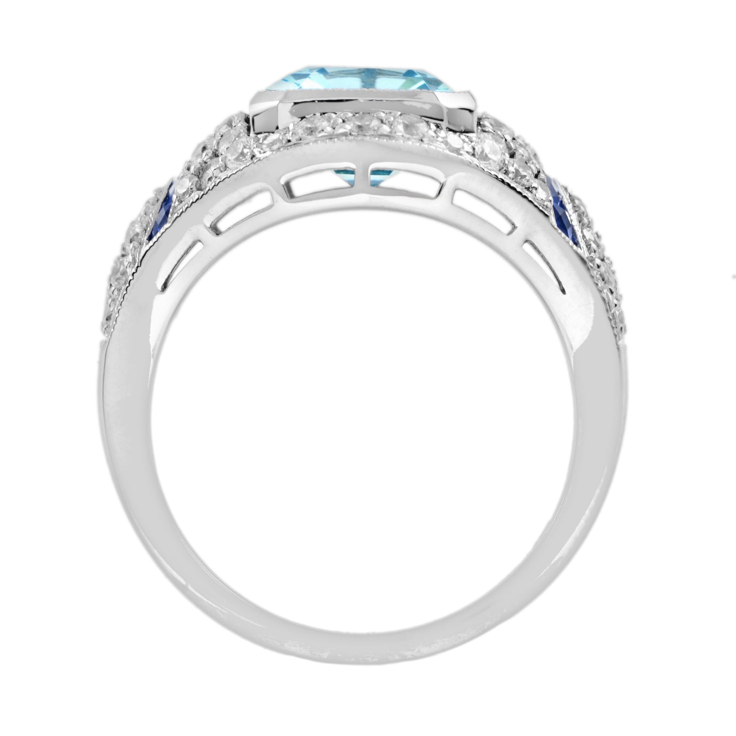 Octagon Cut Blue Topaz &amp; Diamond Sapphire Art Deco Style 14K White Gold Ring