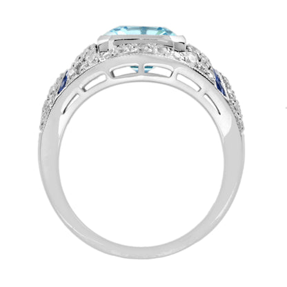 Octagon Cut Blue Topaz &amp; Diamond Sapphire Art Deco Style 14K White Gold Ring