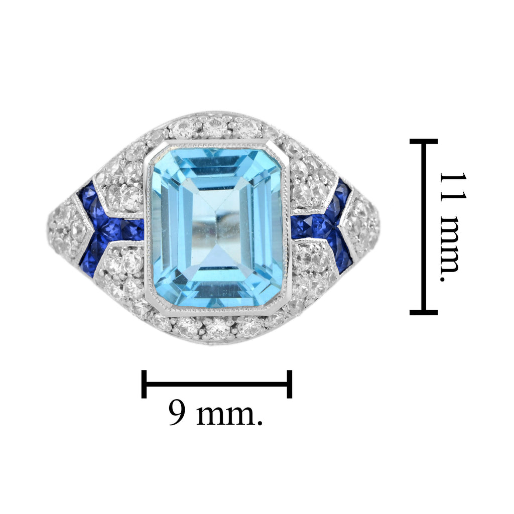 Octagon Cut Blue Topaz & Diamond Sapphire Art Deco Style 14K White Gold Ring