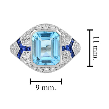 Octagon Cut Blue Topaz &amp; Diamond Sapphire Art Deco Style 14K White Gold Ring