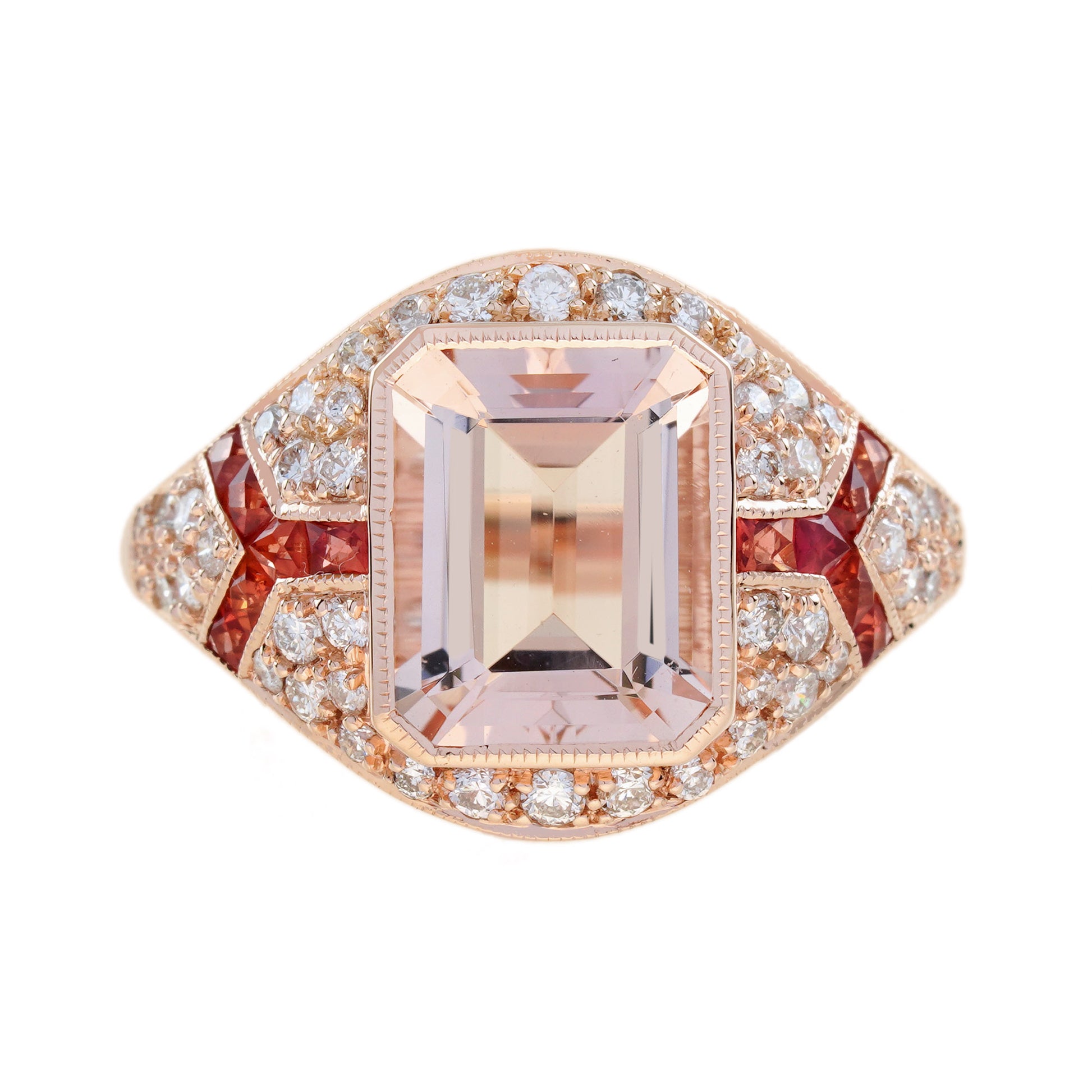 Rectangle Cut Pink Morganite Orange Sapphire Diamond Art Deco Style Rose Ring