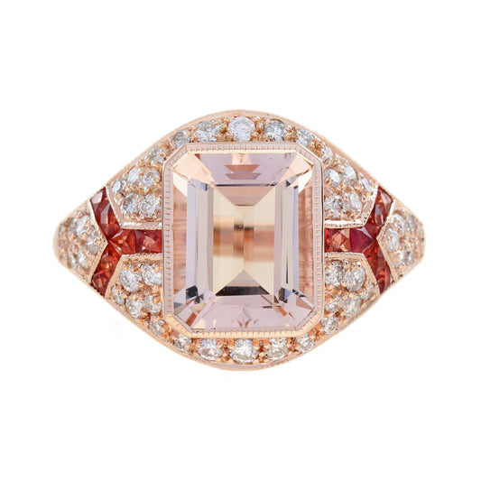 Rectangle Cut Pink Morganite Orange Sapphire Diamond Art Deco Style Rose Ring