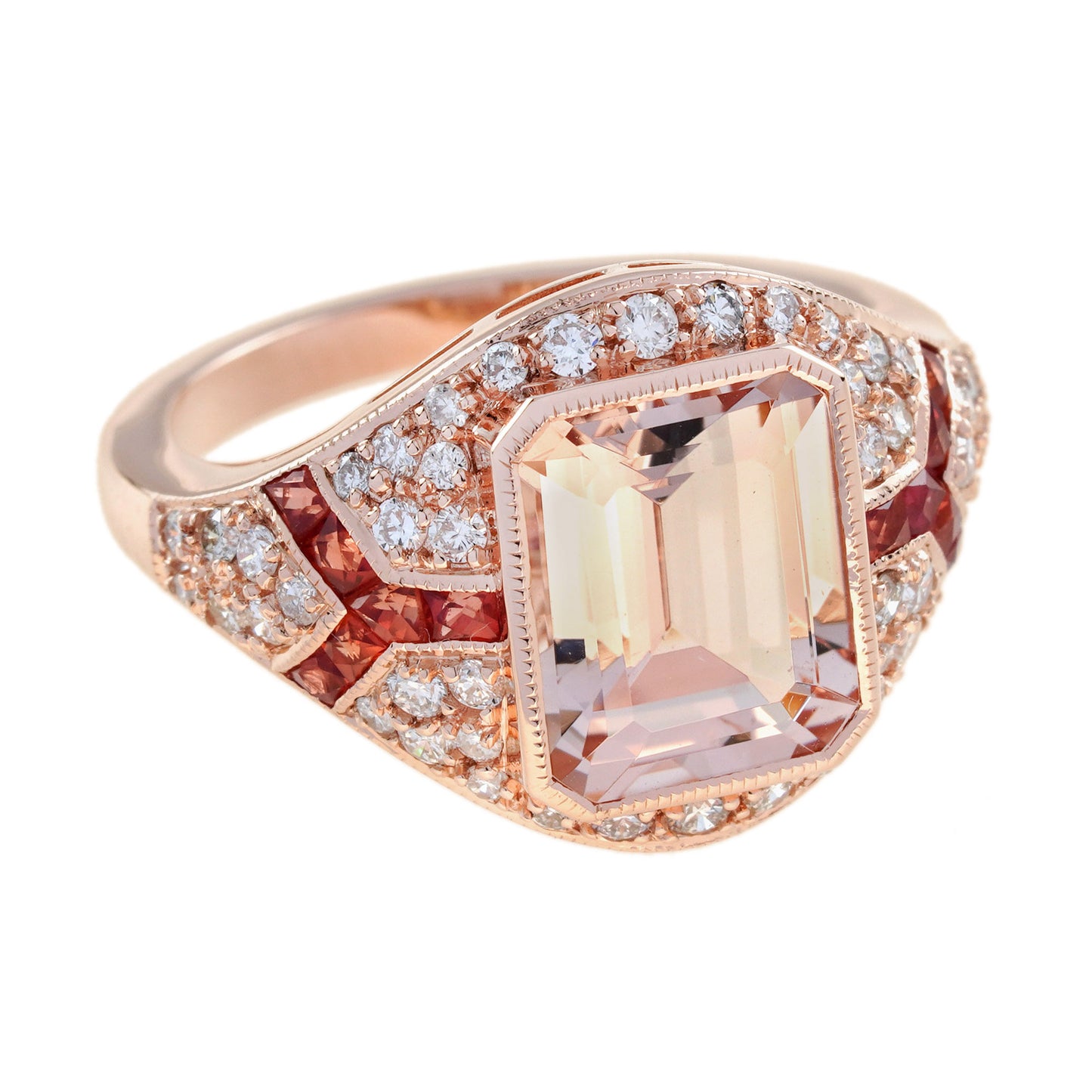rectangle cut pink morganite orange sapphire diamond art deco style rose ring