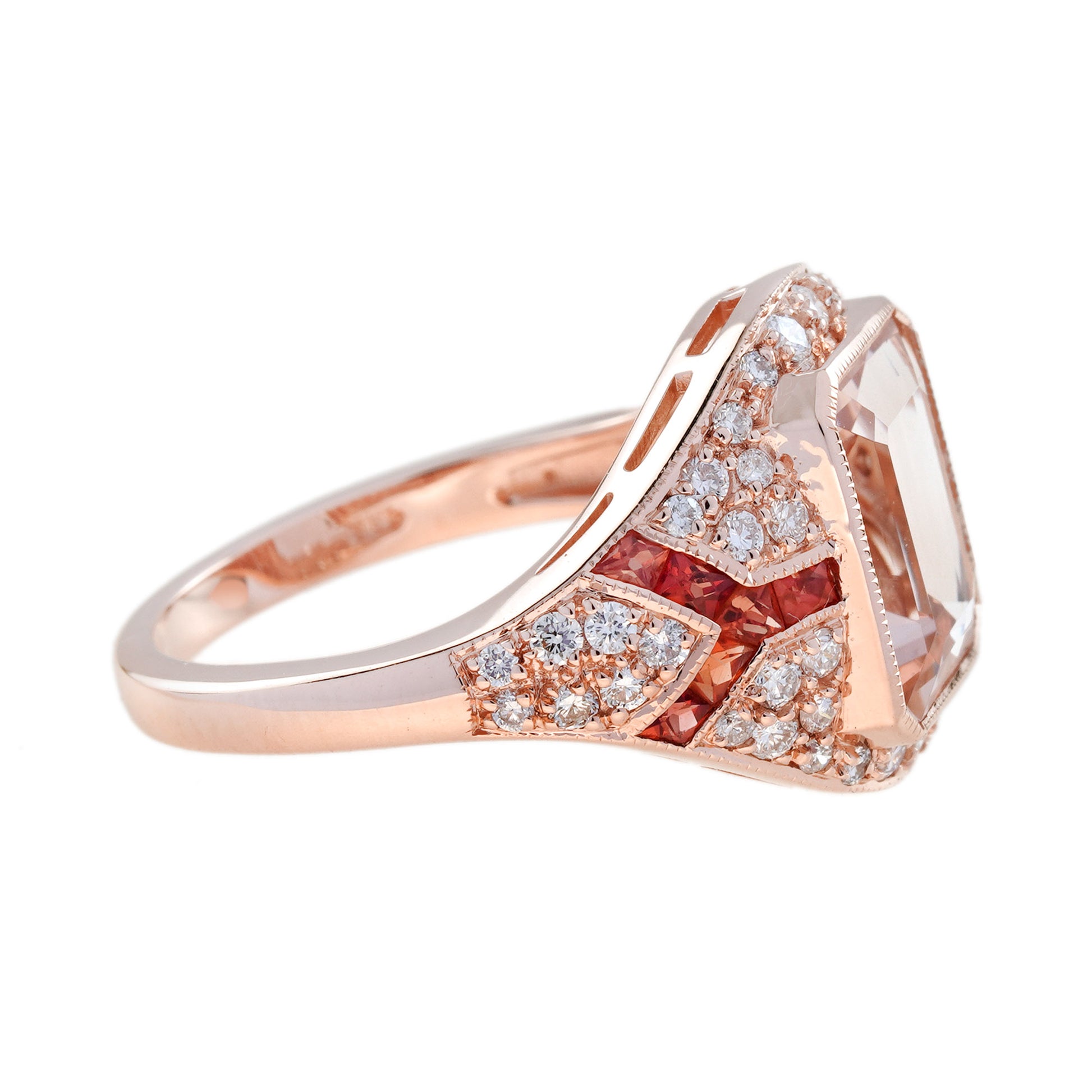 Rectangle Cut Pink Morganite Orange Sapphire Diamond Art Deco Style Rose Ring