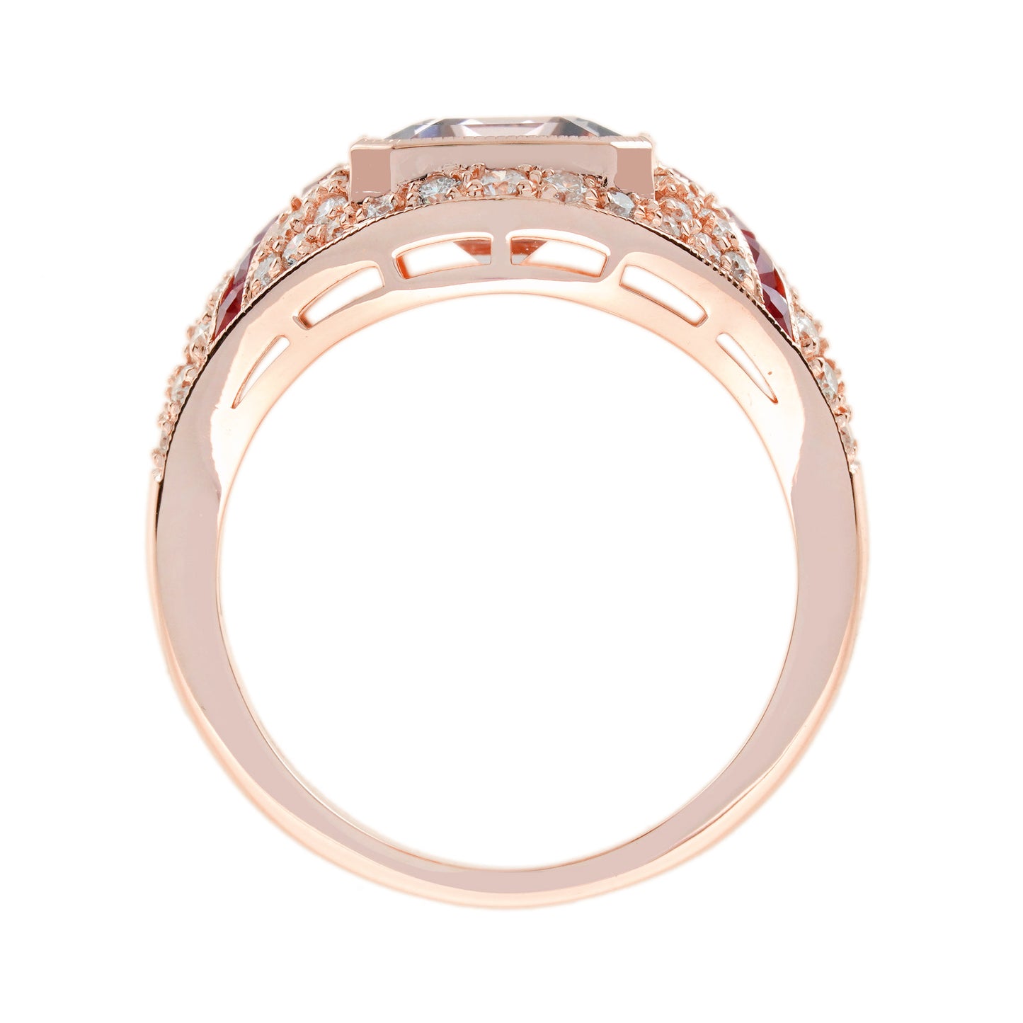 rectangle cut pink morganite orange sapphire diamond art deco style rose ring