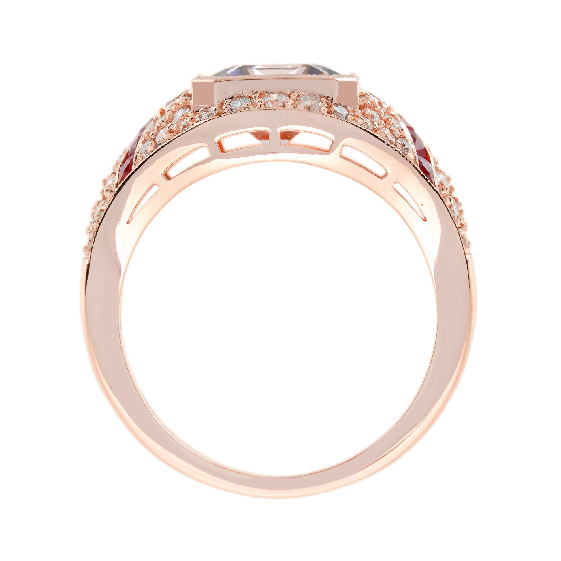 Rectangle Cut Pink Morganite Orange Sapphire Diamond Art Deco Style Rose Ring