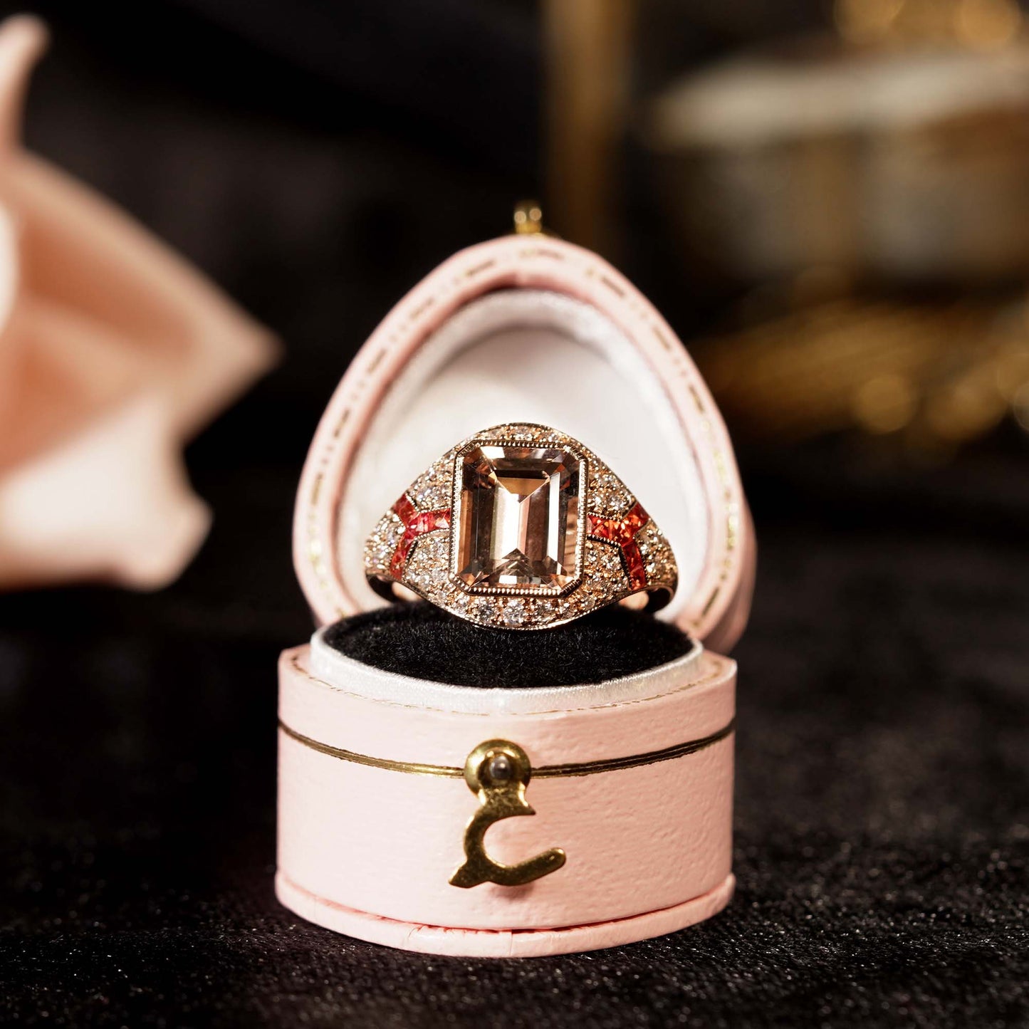 rectangle cut pink morganite orange sapphire diamond art deco style rose ring