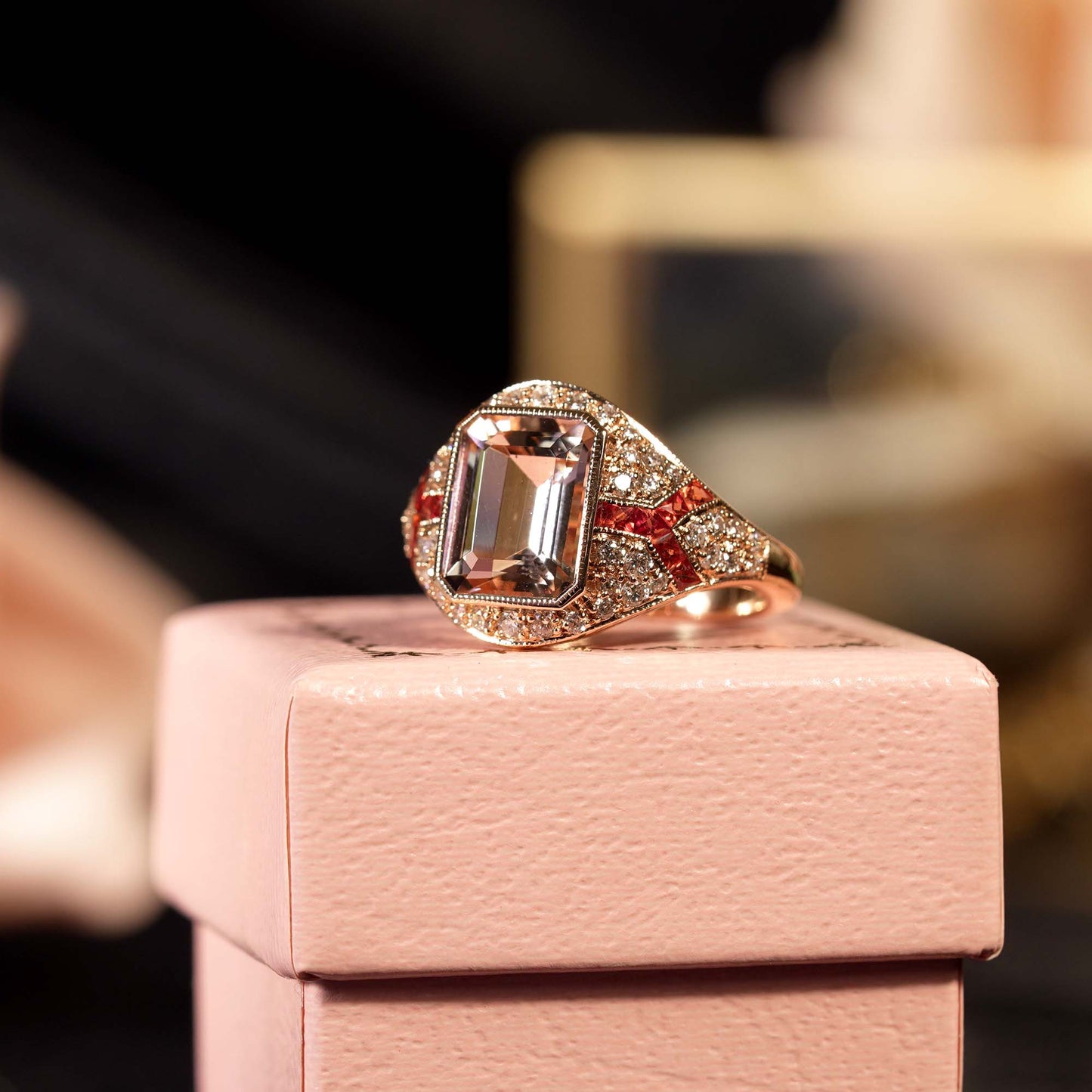 rectangle cut pink morganite orange sapphire diamond art deco style rose ring