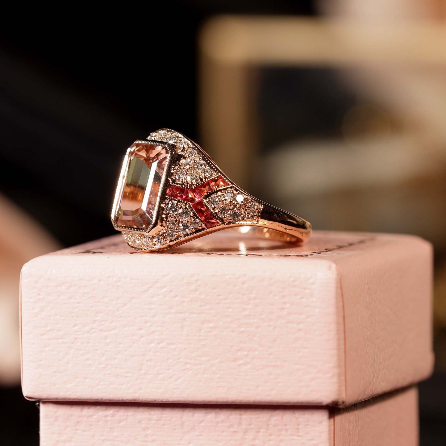 rectangle cut pink morganite orange sapphire diamond art deco style rose ring