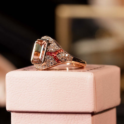 Rectangle Cut Pink Morganite Orange Sapphire Diamond Art Deco Style Rose Ring