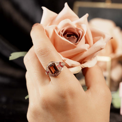 Rectangle Cut Pink Morganite Orange Sapphire Diamond Art Deco Style Rose Ring