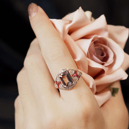 Rectangle Cut Pink Morganite Orange Sapphire Diamond Art Deco Style Rose Ring