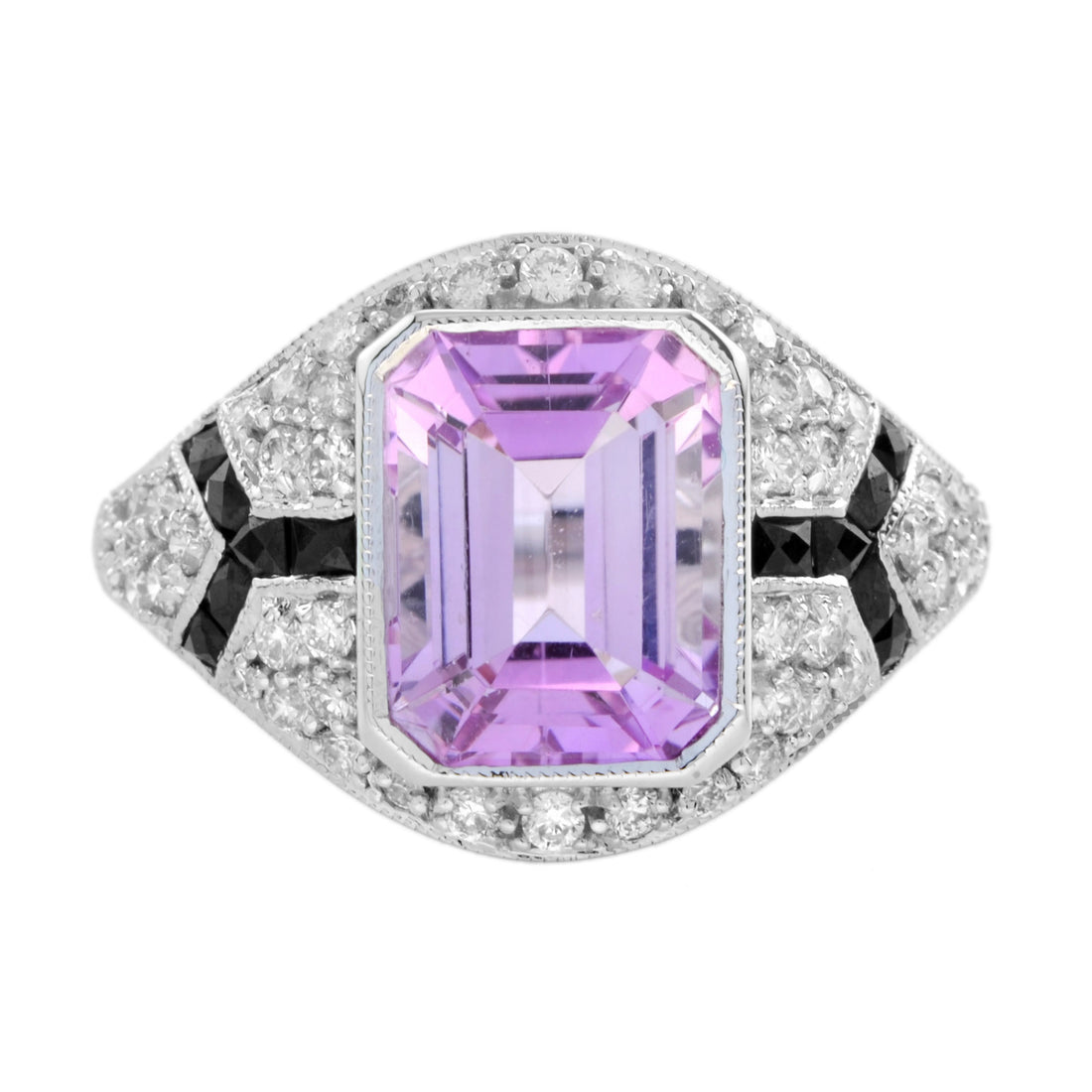 Octagon Pink Kunzite &amp; Diamond Pave Set Onyx Art Deco Style White Gold Ring